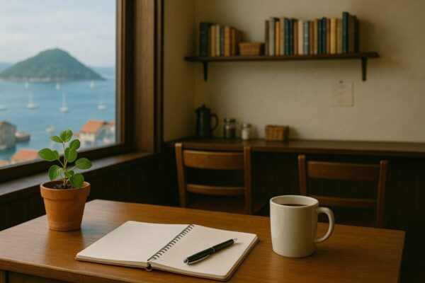 鞆の浦の海を望む窓際の机に、ノートとペン、コーヒーカップが置かれているカフェの落ち着いた風景
